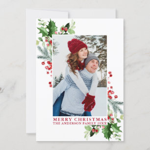 Cartes Pour Fêtes Annuelles Aquarelle Holly Noël Vert Photo Rouge