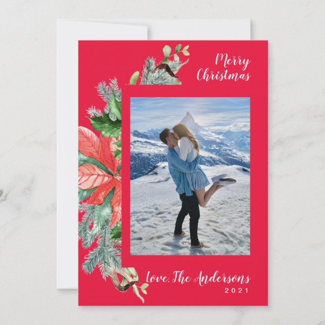 Cartes Pour Fêtes Annuelles Aquarelle Holly Reds Green Side Wreath Photo (Devant)