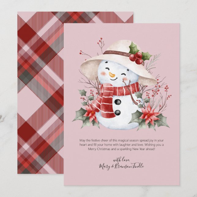 Cartes Pour Fêtes Annuelles Aquarelle homme de neige avec Holly (Devant / Derrière)