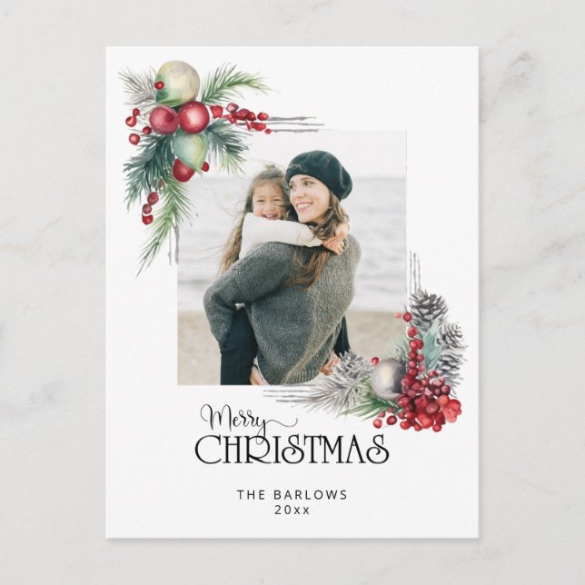 Cartes Pour Fêtes Annuelles Aquarelle Joyeux Noël Floral Photo (Devant)