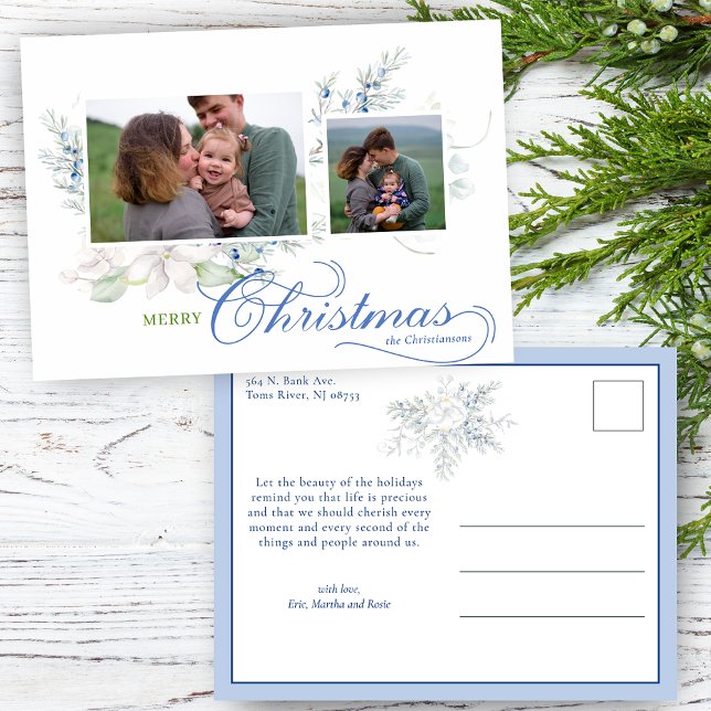 Cartes Pour Fêtes Annuelles Aquarelle Joyeux Script de Noël Juniper 2 photos (Créateur téléchargé)
