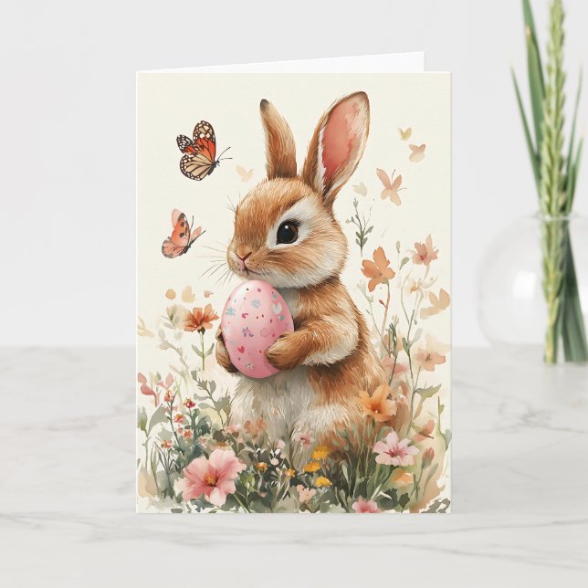 Cartes Pour Fêtes Annuelles Aquarelle Lapin de Pâques avec Oeuf Peint & Fleurs (Devant)