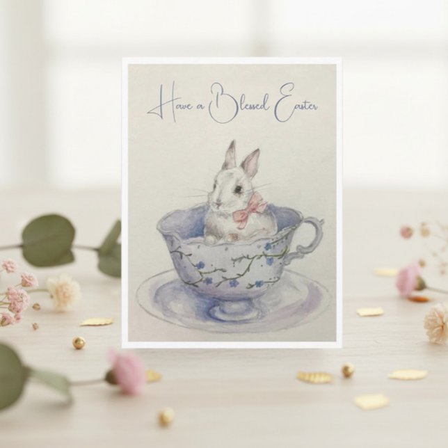 Cartes Pour Fêtes Annuelles Aquarelle Lapin de Pâques en Teacup (Créateur téléchargé)