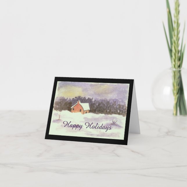 Cartes Pour Fêtes Annuelles Aquarelle Maison d'art de paysage Neige Joyeuses F (Devant)
