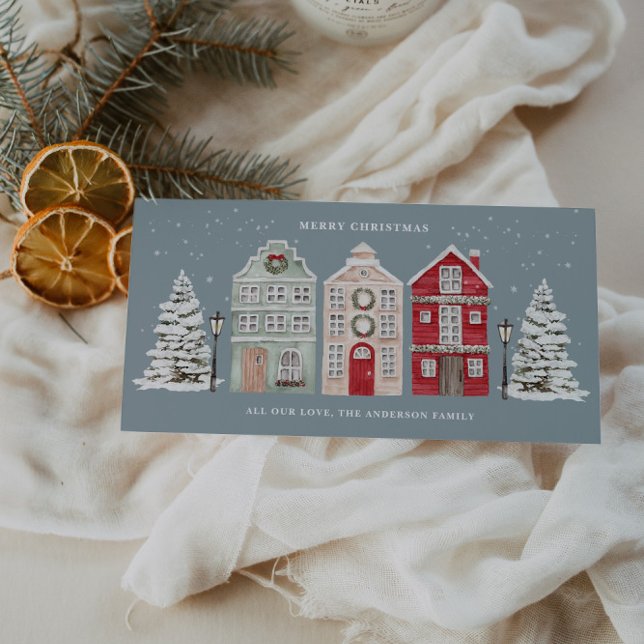 Cartes Pour Fêtes Annuelles Aquarelle Maisons bleu ardoise (Créateur téléchargé)