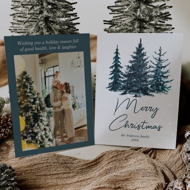 Cartes Pour Fêtes Annuelles Aquarelle Marine Pine Bleue Arbres Photo Noël (Créateur téléchargé)