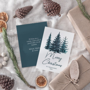 Cartes Pour Fêtes Annuelles Aquarelle Marine Pins Bleus Arbres Joyeux Noël