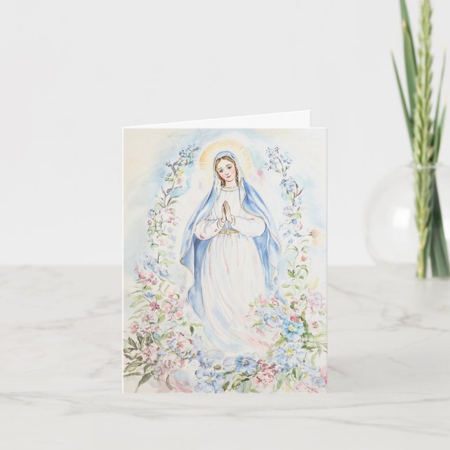 Cartes Pour Fêtes Annuelles Aquarelle Mère Marie Religieux Catholique Floral (Devant)