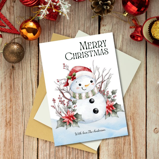 Cartes Pour Fêtes Annuelles Aquarelle mignonne Snowman avec Santa Hat & Floral (Créateur téléchargé)