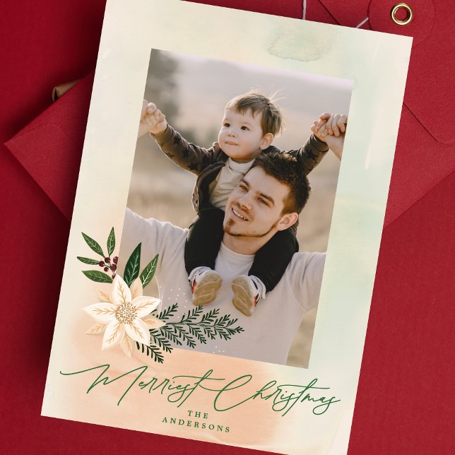Cartes Pour Fêtes Annuelles Aquarelle moderne Joyeux Noël Poinsettia Photo (Créateur téléchargé)