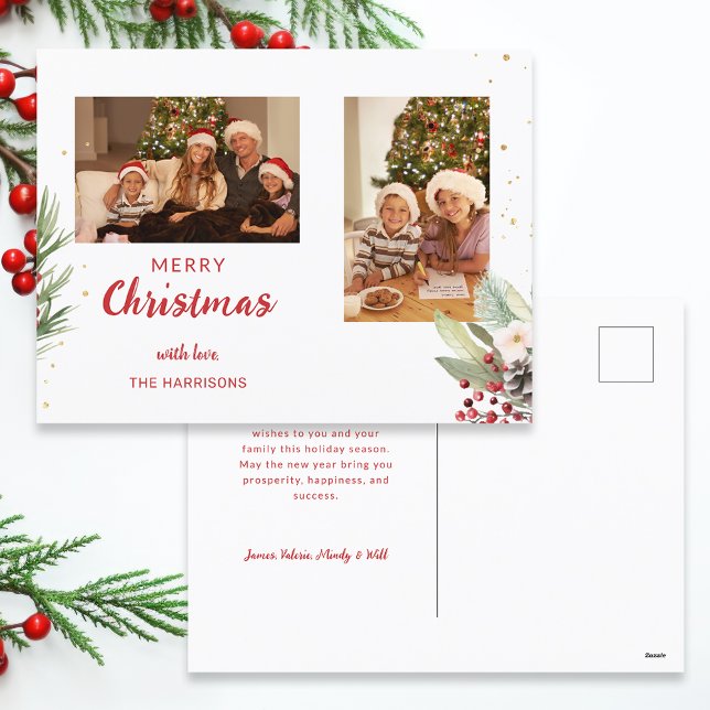 Cartes Pour Fêtes Annuelles Aquarelle moderne Noël Botanique à deux photos (Créateur téléchargé)