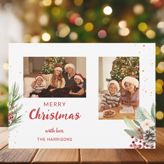 Cartes Pour Fêtes Annuelles Aquarelle moderne Noël Botanique à deux photos (Créateur téléchargé)