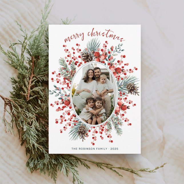 Cartes Pour Fêtes Annuelles Aquarelle moderne vert Wreath Photo Noël (Elegant watercolor colorful pink and red greenery botanical frame Merry Christmas photo holiday card)