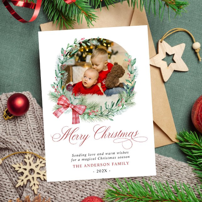 Cartes Pour Fêtes Annuelles Aquarelle moderne Wreath Bow Photo Noël (Créateur téléchargé)
