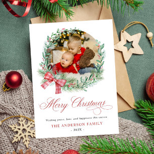 Cartes Pour Fêtes Annuelles Aquarelle moderne Wreath Bow Photo Noël
