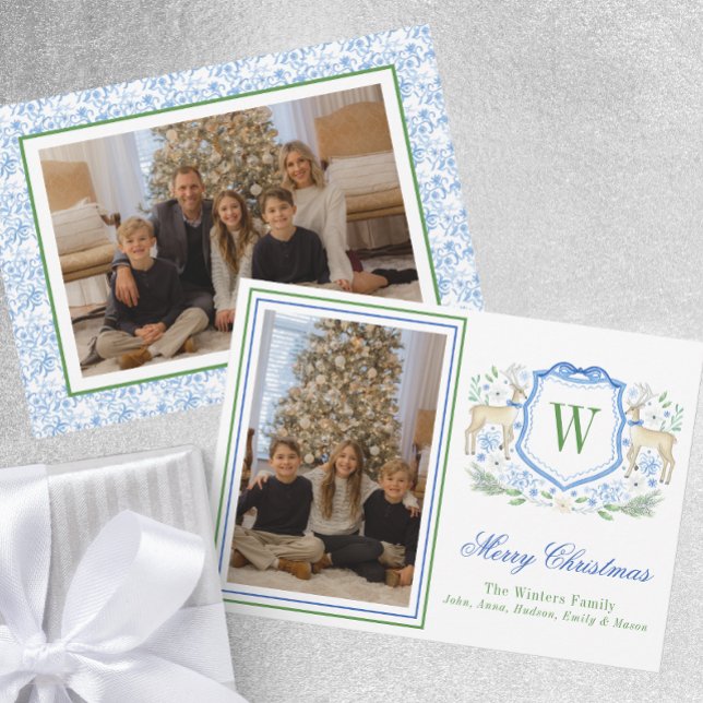 Cartes Pour Fêtes Annuelles Aquarelle Monogramme Initiale Reindeder Crest Phot (Créateur téléchargé)