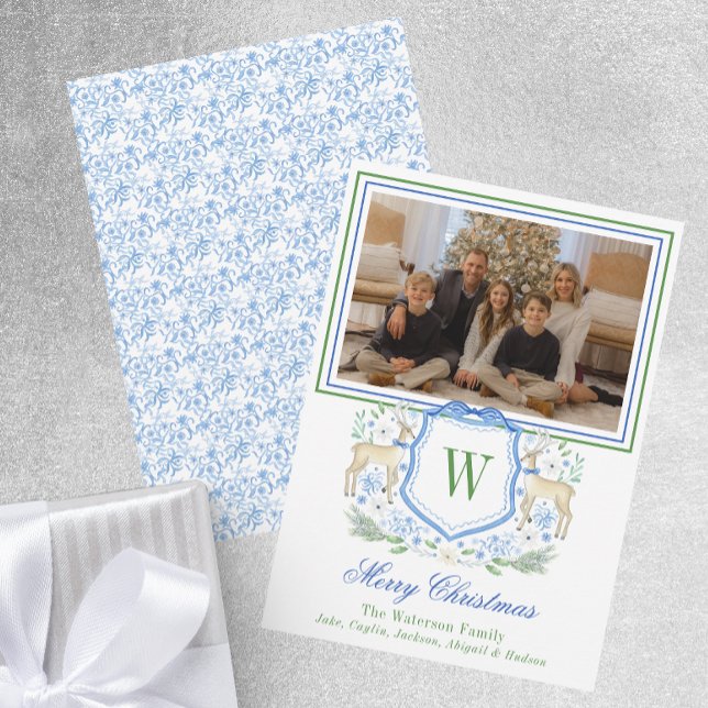 Cartes Pour Fêtes Annuelles Aquarelle Monogramme Initiale Reindeder Crest Phot (Créateur téléchargé)