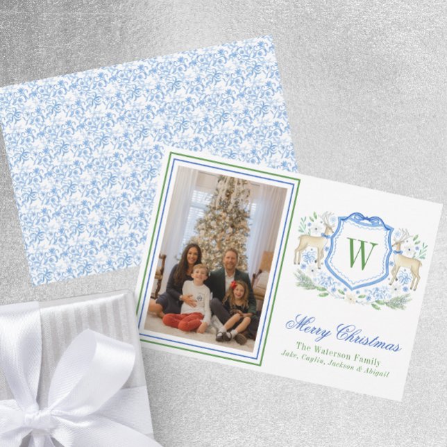 Cartes Pour Fêtes Annuelles Aquarelle Monogramme Initiale Reindeder Crest Phot (Créateur téléchargé)