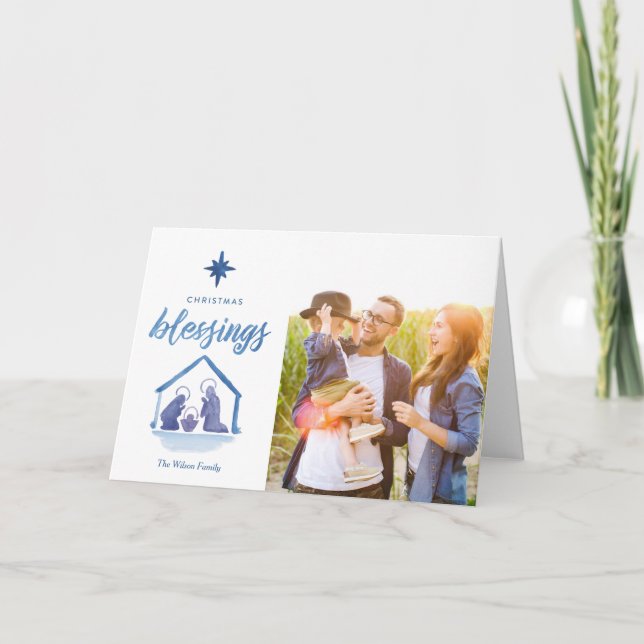 Cartes Pour Fêtes Annuelles Aquarelle Noël Bénédiction Nativité Photo (Devant)