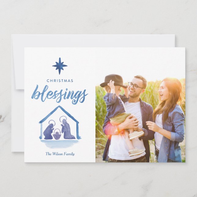 Cartes Pour Fêtes Annuelles Aquarelle Noël Bénédiction Nativité Photo (Devant)