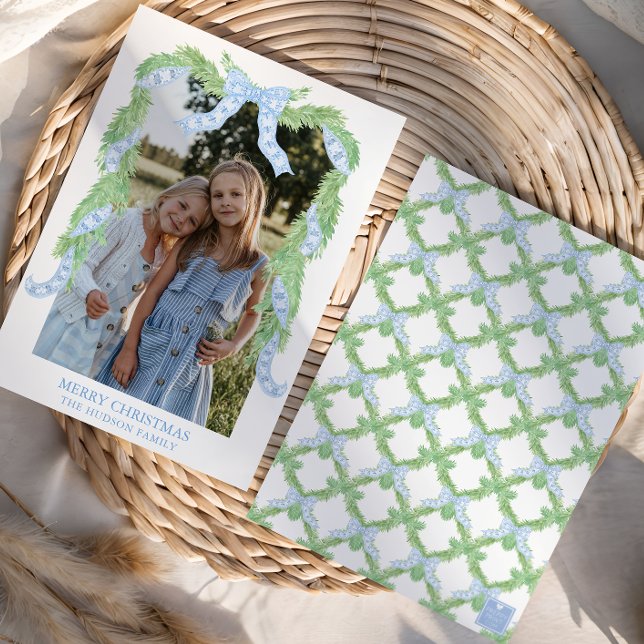 Cartes Pour Fêtes Annuelles Aquarelle Noël bleu Bow Garland Photo (Créateur téléchargé)
