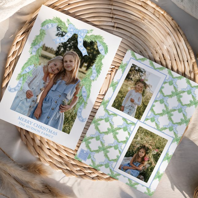 Cartes Pour Fêtes Annuelles Aquarelle Noël bleu Bow Garland Photo (Créateur téléchargé)
