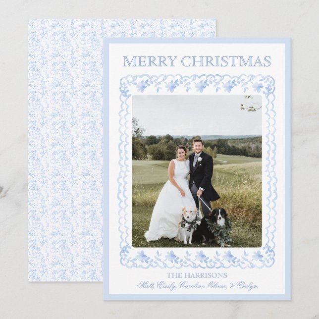 Cartes Pour Fêtes Annuelles Aquarelle Noël Bleu Chinoiserie Une photo (Devant / Derrière)