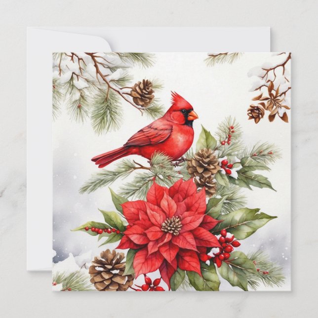 Cartes Pour Fêtes Annuelles Aquarelle Noël Cardinal rouge et Poinsettia (Devant)