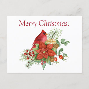 Cartes Pour Fêtes Annuelles Aquarelle Noël Cardinal rouge et Poinsettia