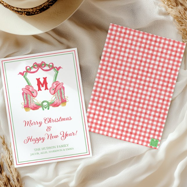Cartes Pour Fêtes Annuelles Aquarelle Noël Cowboy Botte Monogram Crest (Créateur téléchargé)