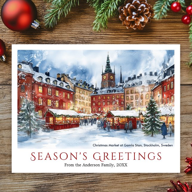 Cartes Pour Fêtes Annuelles Aquarelle Noël Gamla Stan Stockholm Suède (Watercolor Christmas Market Gamla Stan Stockholm Holiday Postcard)