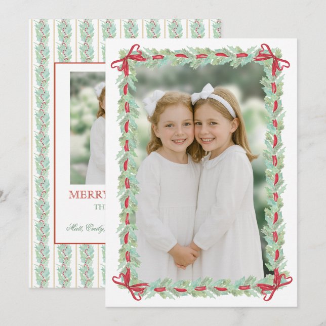 Cartes Pour Fêtes Annuelles Aquarelle Noël Garland Nutcracker Deux photos (Devant / Derrière)