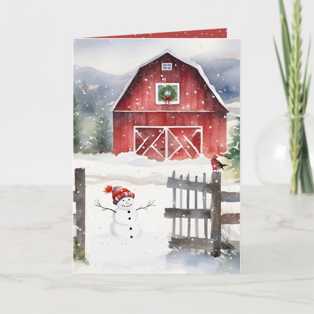 Cartes Pour Fêtes Annuelles Aquarelle Noël Grange avec Snowman (Devant)