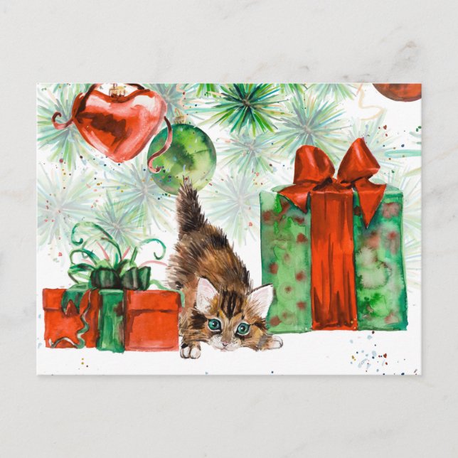 Cartes Pour Fêtes Annuelles Aquarelle Noël Kitten Tree présente (Devant)