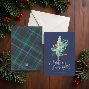 Cartes Pour Fêtes Annuelles Aquarelle Noël Lovin' Girl Holding Pine Tree