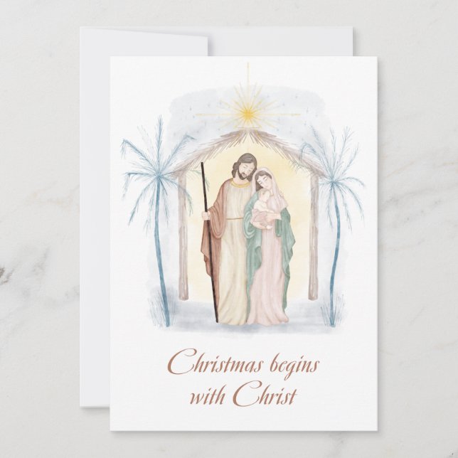 Cartes Pour Fêtes Annuelles Aquarelle Noël Nativité Religieux Brown Bleu (Devant)