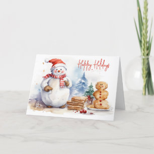 Cartes Pour Fêtes Annuelles Aquarelle Noël Snowman Avec Pain D'Or Homme