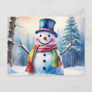 Cartes Pour Fêtes Annuelles Aquarelle Noël Snowman en forêt d'hiver
