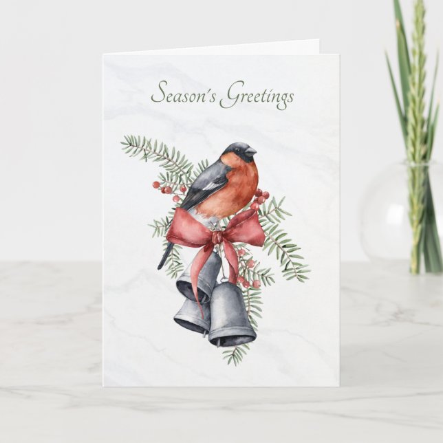 Cartes Pour Fêtes Annuelles Aquarelle Oiseau avec cloches et branches de pin (Devant)