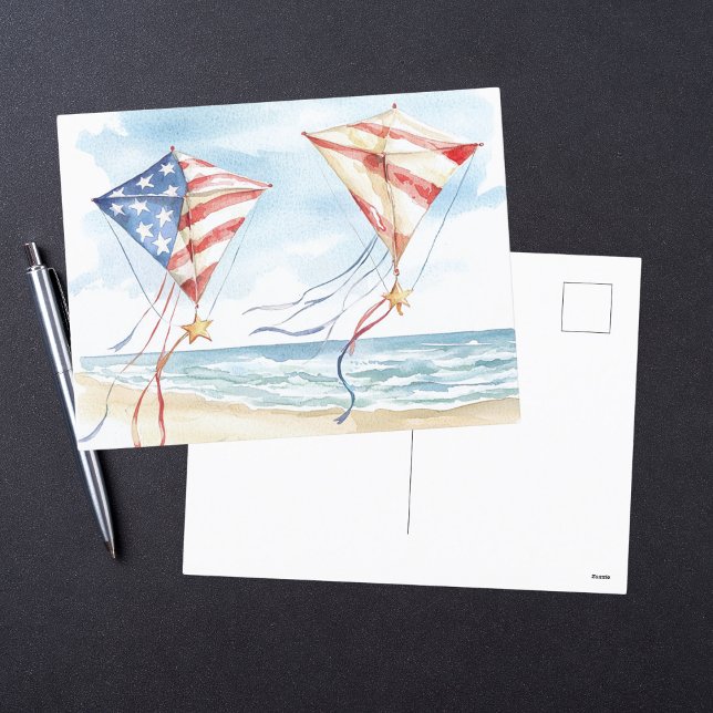 Cartes Pour Fêtes Annuelles Aquarelle Patriotique Stars Stripes Kites Coastal (Créateur téléchargé)