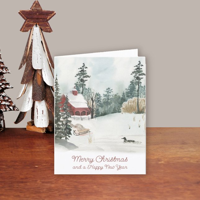 Cartes Pour Fêtes Annuelles Aquarelle Paysage hivernal Noël blanc (Traditional Christmas Card. Buy professionally printed or as printable digital download.)