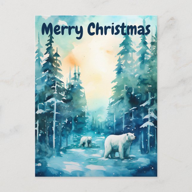 Cartes Pour Fêtes Annuelles Aquarelle Paysage hivernal Pôle Nord Noël (Devant)