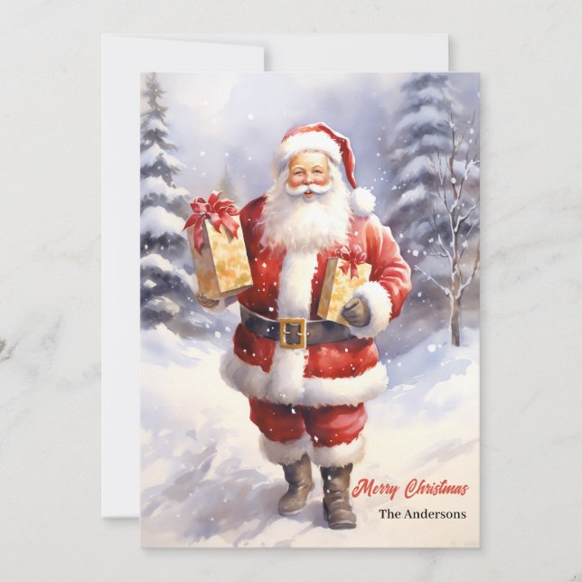 Cartes Pour Fêtes Annuelles Aquarelle Père Noël avec cadeaux de Noël (Devant)