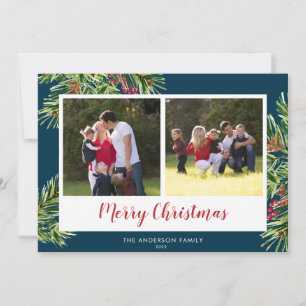 Cartes Pour Fêtes Annuelles Aquarelle Pine 2 Photo Bleu Joyeux Noël