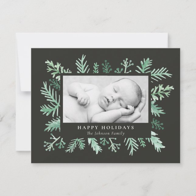 Cartes Pour Fêtes Annuelles Aquarelle Pine Aiguille Cadre photo Noël (Devant)