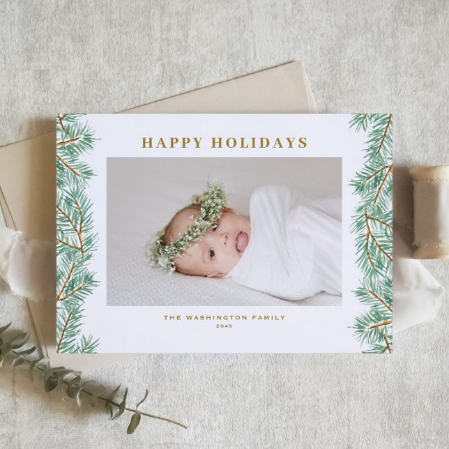 Cartes Pour Fêtes Annuelles Aquarelle Pine Aiguilles Garland Joyeux Vacances (Watercolor Pine Needles Garland Photo Happy Holidays Card)