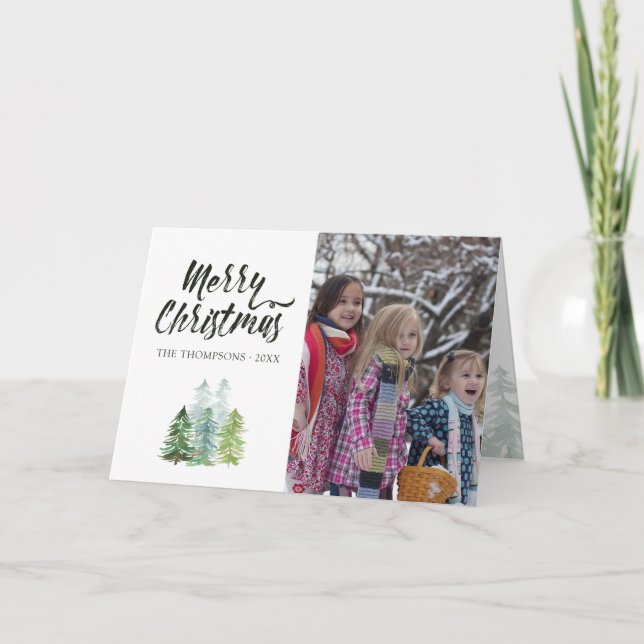 Cartes Pour Fêtes Annuelles Aquarelle Pine Arbres de Noël Photo (Devant)