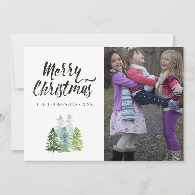Cartes Pour Fêtes Annuelles Aquarelle Pine Arbres de Noël Photo (Devant)