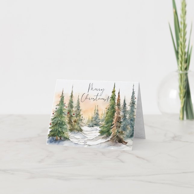 Cartes Pour Fêtes Annuelles Aquarelle Pine Arbres Joyeux Noël (Devant)