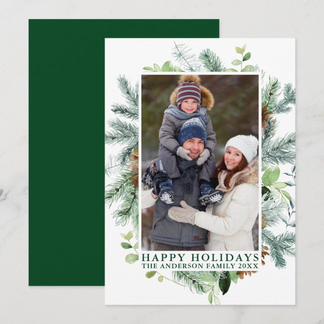 Cartes Pour Fêtes Annuelles Aquarelle Pine Cadre Vert Joyeux Vacances (Devant / Derrière)
